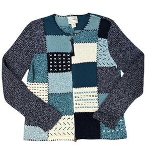 VTG Christopher Banks Sweater Sz M Zip Patchwork Knit Cardigan Hand Embroidered